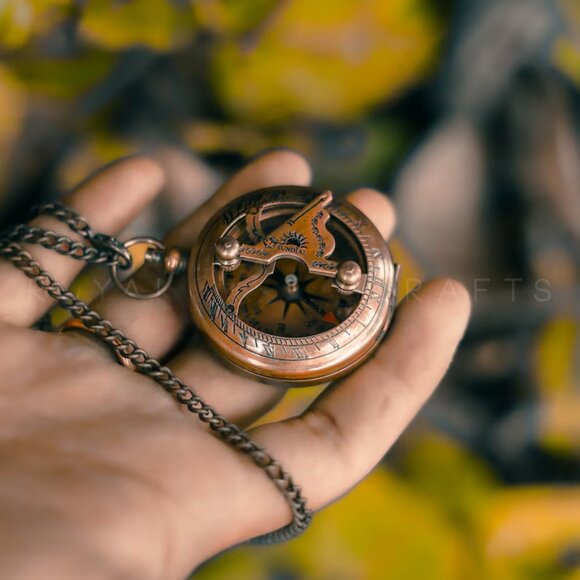 Handmade Brass Push Button Sundial Compass in Exquisite Wood Box A Timeless Gift - Picture 1 of 8